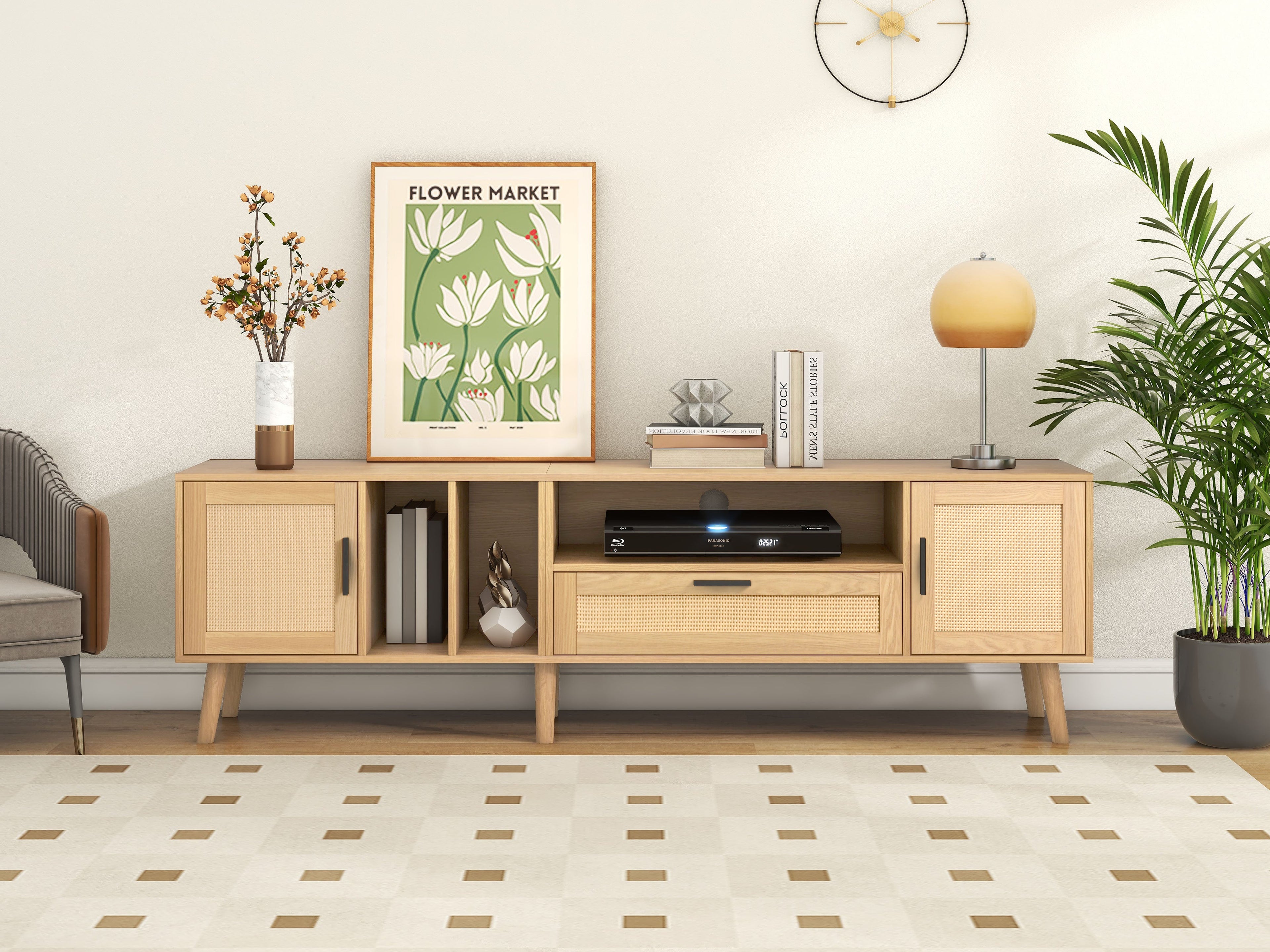 Vine TV stand with 2 cabinets and 2 open shelves, suitable for TVs under 80 inches, with solid wood legs for TV cabinets