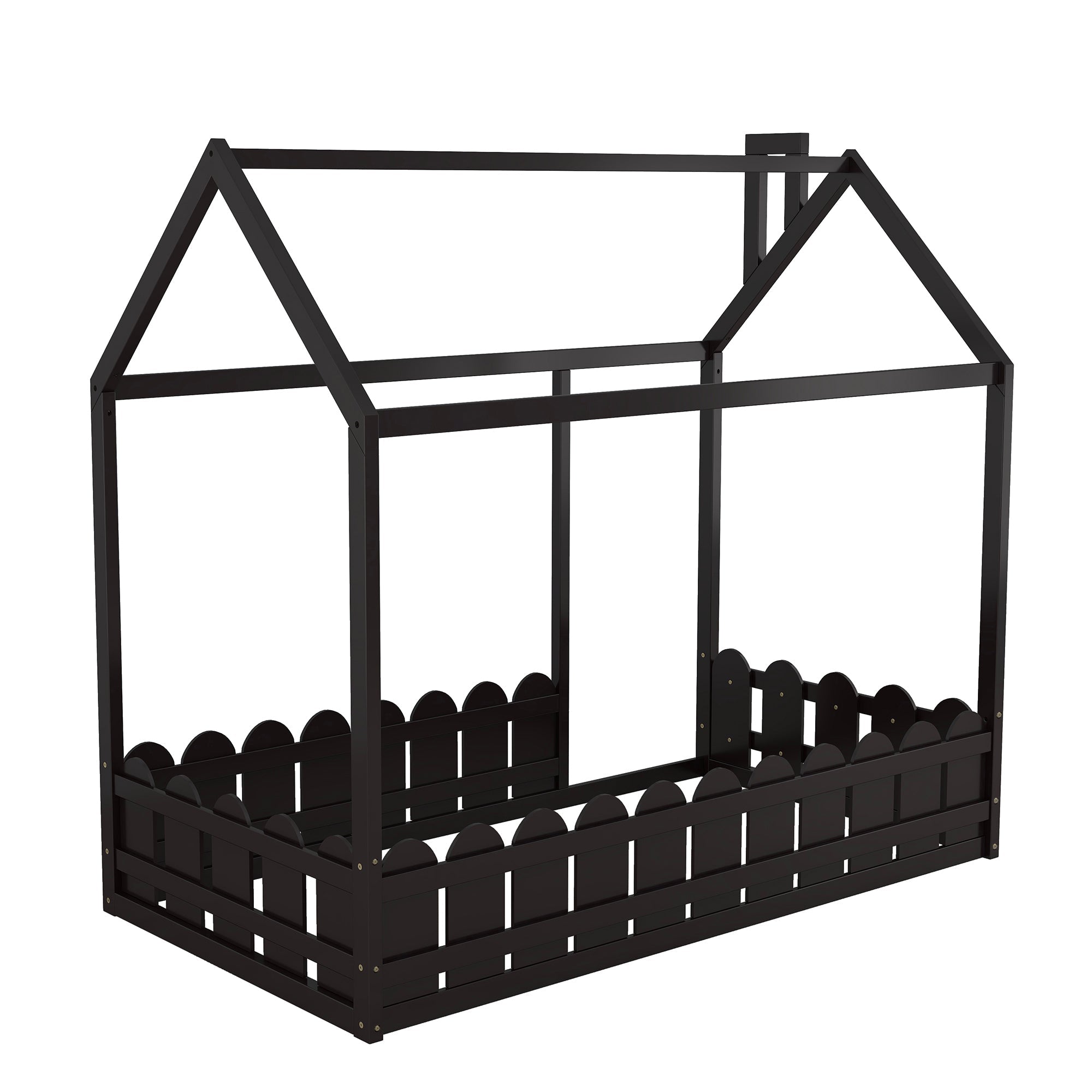 {Slats are not included}Twin Size Wood Bed House Bed Frame with Fence for KidsTeens Girls Boys