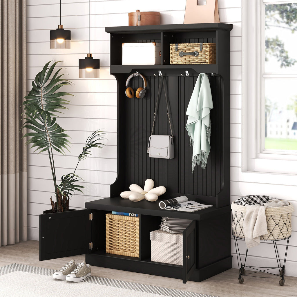 Hall Tree with Storage Shoe Bench for Entryway and Hallway 4-in-1 Design Coat Racks with 4 Hooks for Living Room Black