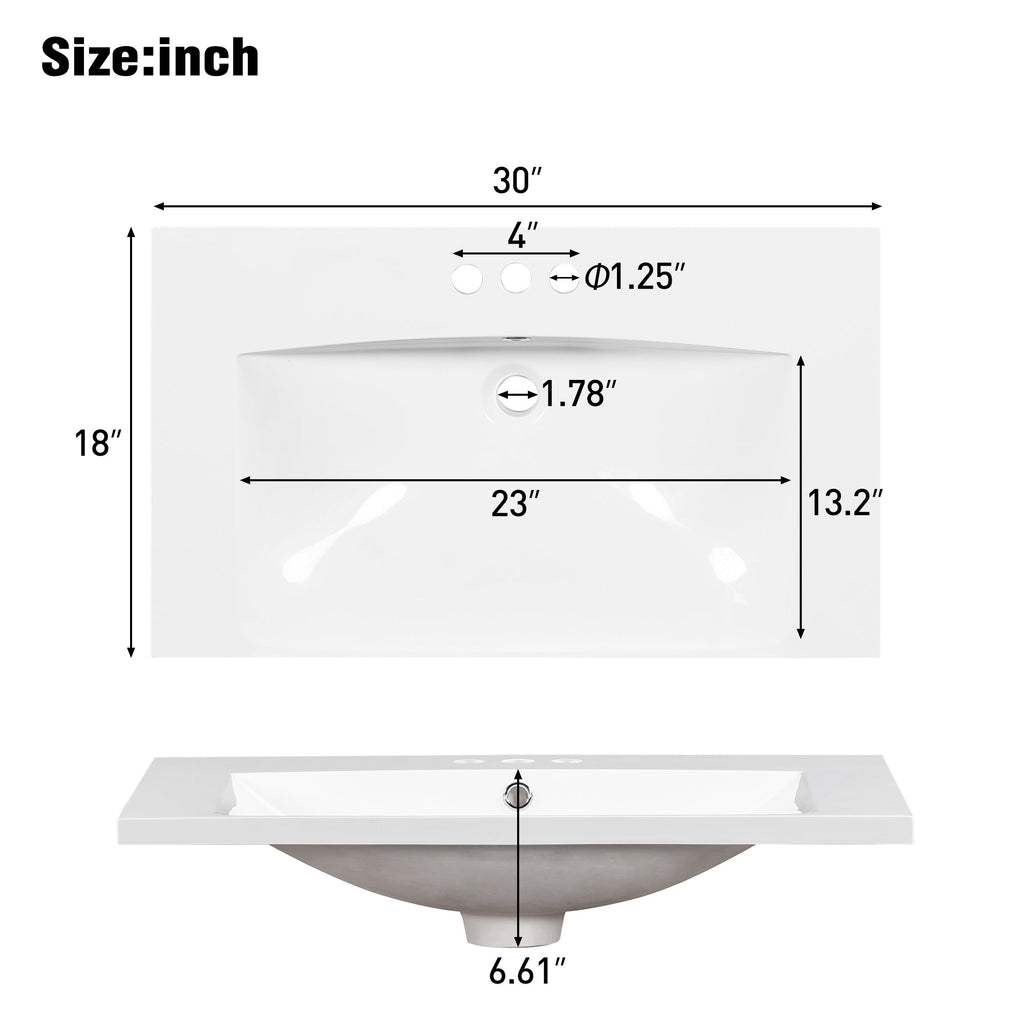 30" Single Bathroom Basin Sink, Vanity Top Only, 3-Faucet Holes, Resin