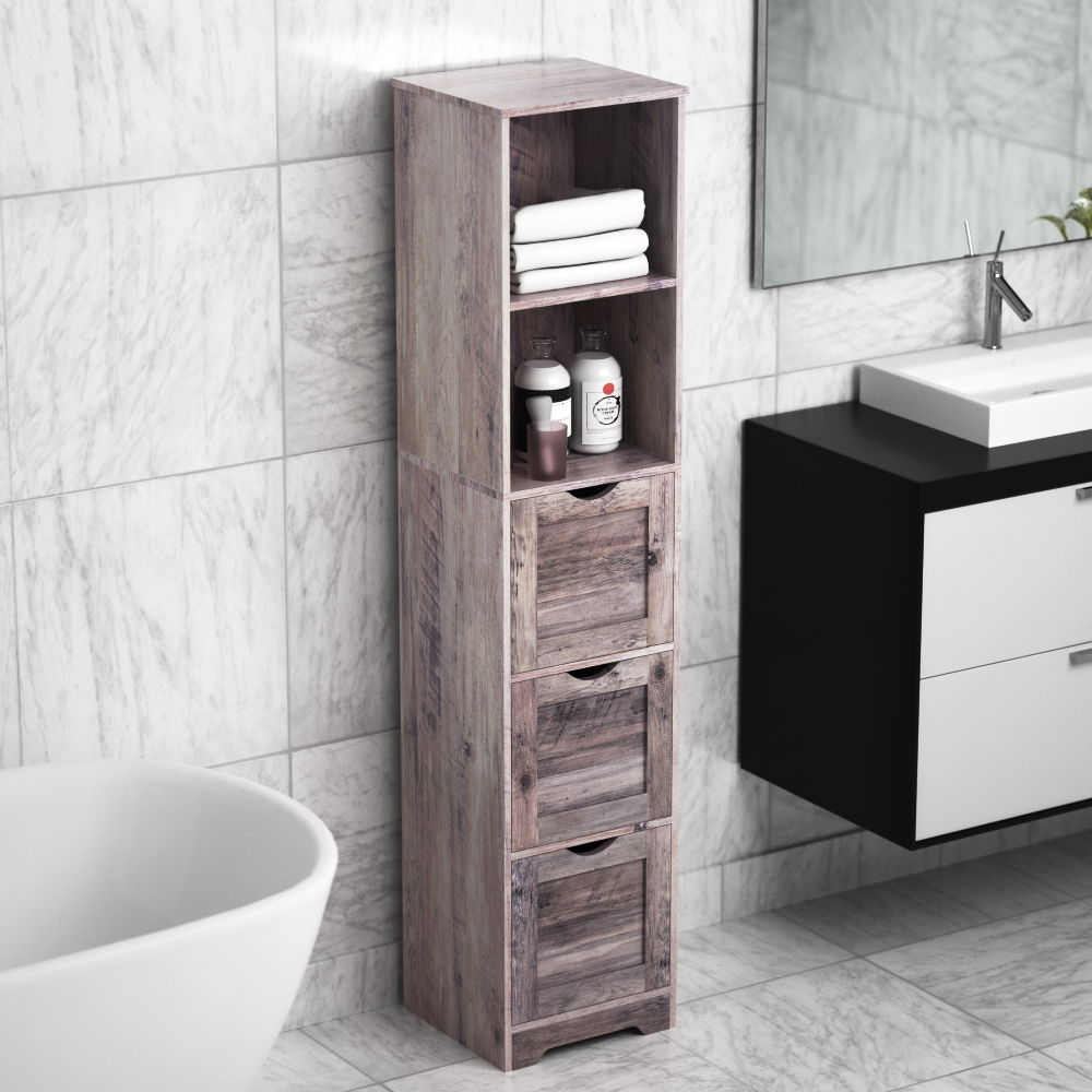 Bathroom Floor Cabinet with 3 Drawers 2 Shelves, Tall Narrow Bathroom Kitchen Pantry Storage Cabinet with Open Compartment Grey