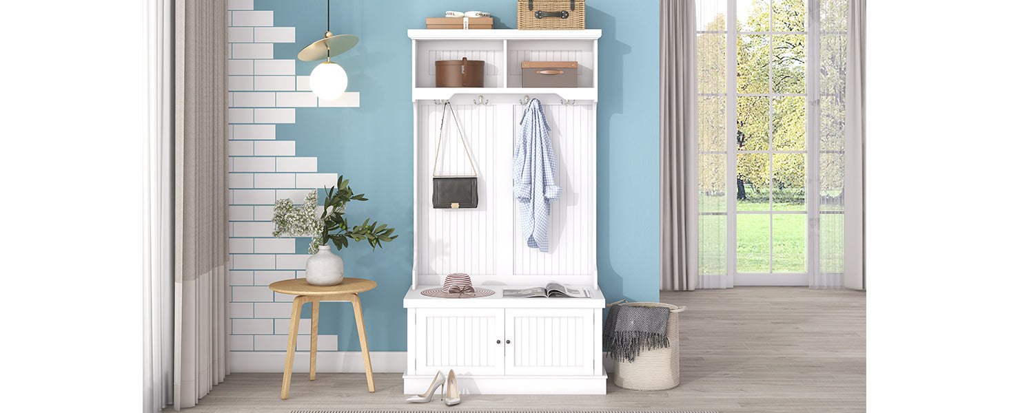Hall Tree with Storage Shoe Bench for Entryway and Hallway 4-in-1 Design Coat Racks with 4 Hooks for Living Room White
