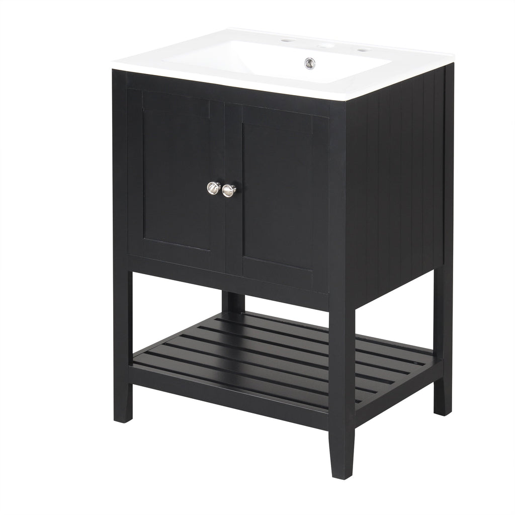 24" Black Modern Sleek Bathroom Vanity Elegant Ceramic Sink with Solid Wood Frame Open Style Shelf