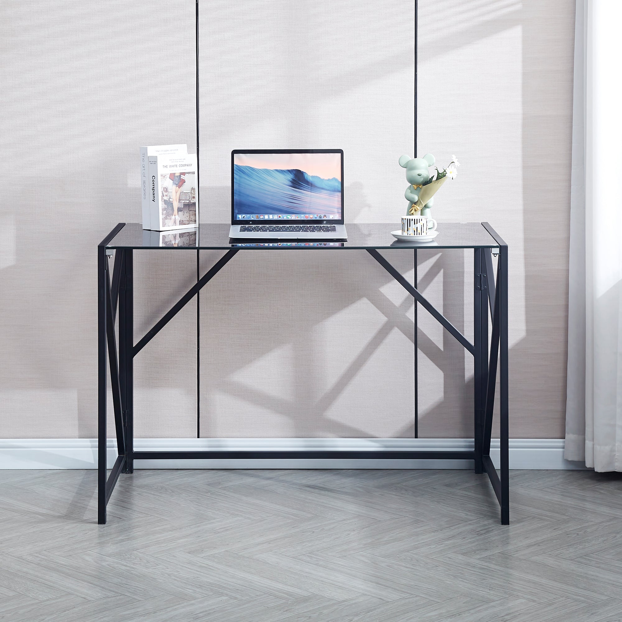 Tempered Black Glass Computer Desk Laptop Desk PC Laptop Table with Metal Frame Writting Desk