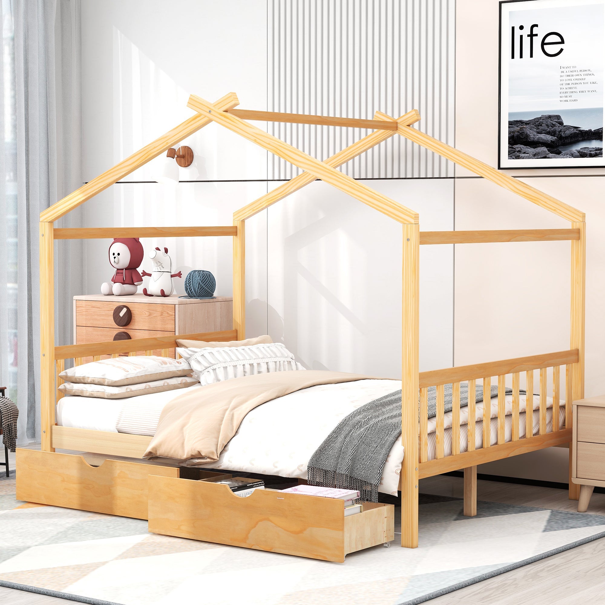 Full Size House Platform Bed with Two Drawers,Headboard and Footboard Roof Design Natural
