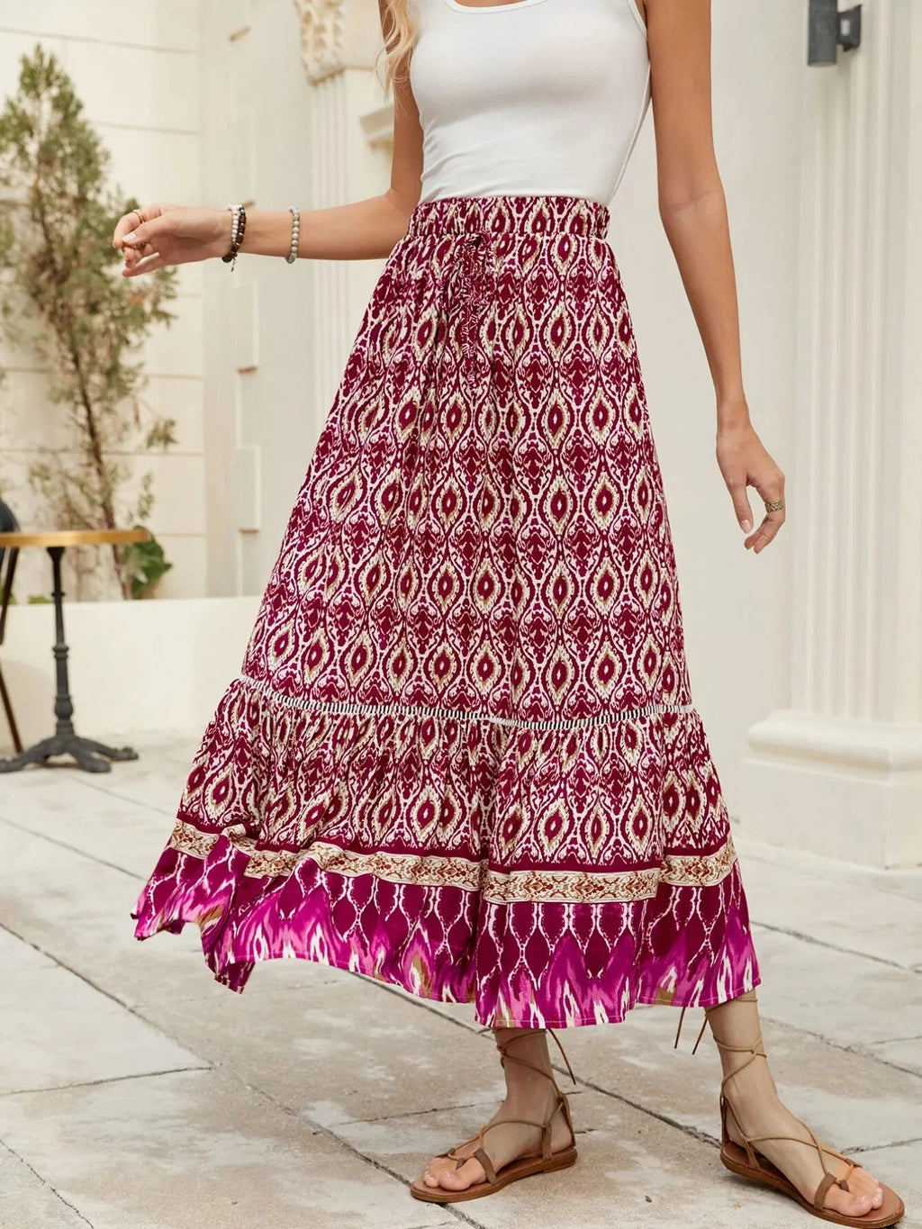 Printed Ruched Bohemian Maxi Skirt