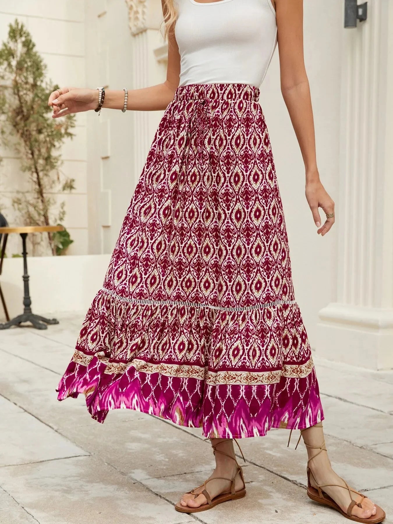 Printed Ruched Bohemian Maxi Skirt