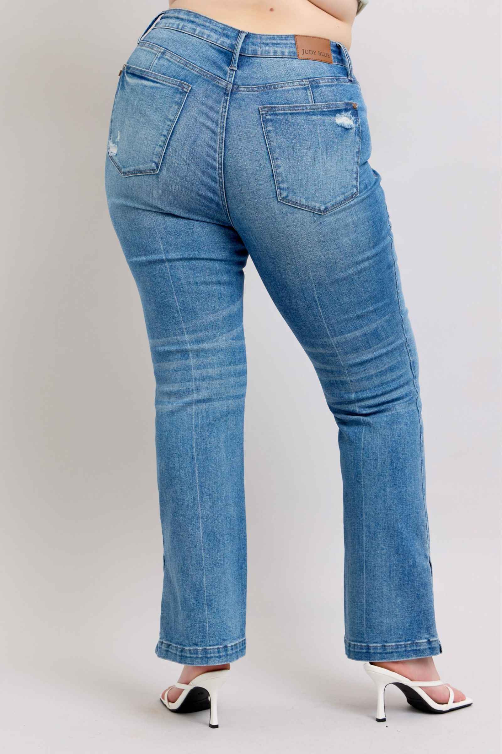 Judy Blue Tummy Control Bootcut Jeans with Vintage Wash and Side Slit Women's Jeans
