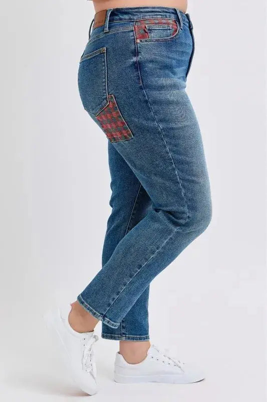 Plus Size High Waist Plaid Patch Slim Fit Judy Blue Jeans
