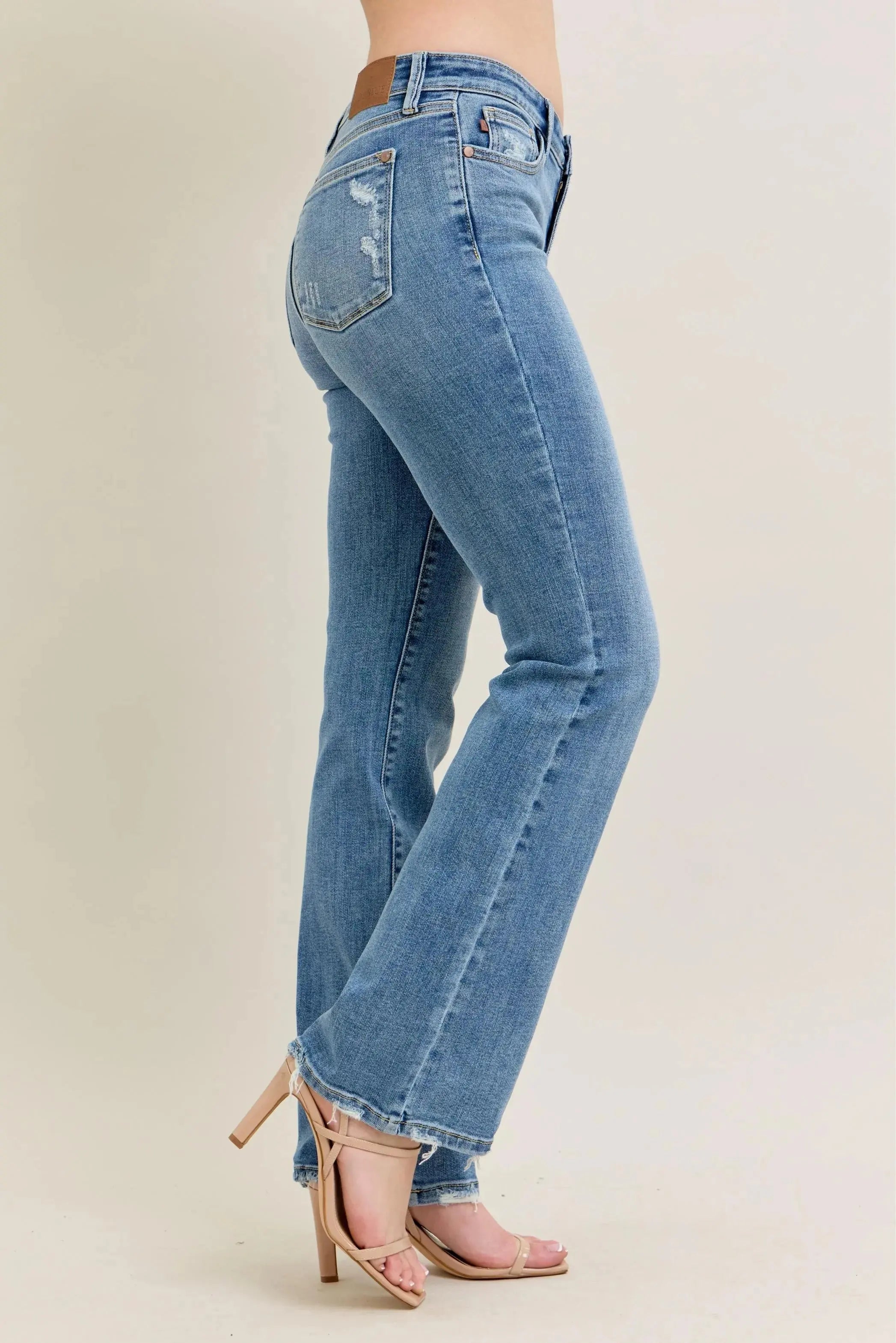 Full Size Mid Rise Wash Destroy Hem Bootcut Judy Blue Jeans