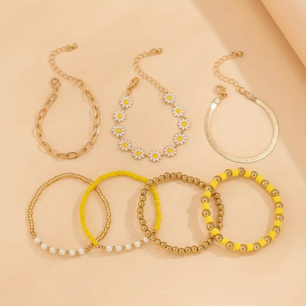 7 Piece Gold Floral Bracelet Set