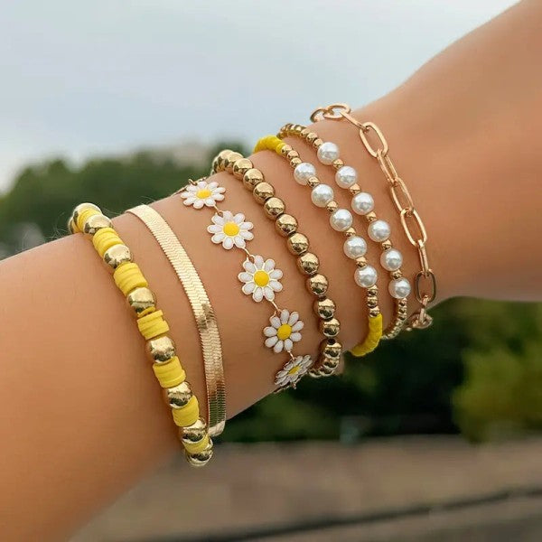 7 Piece Gold Floral Bracelet Set
