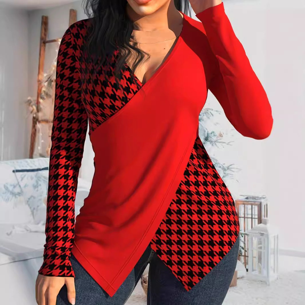 Women's Printed V-neck Blouse Stitching Long Sleeve Women's Top