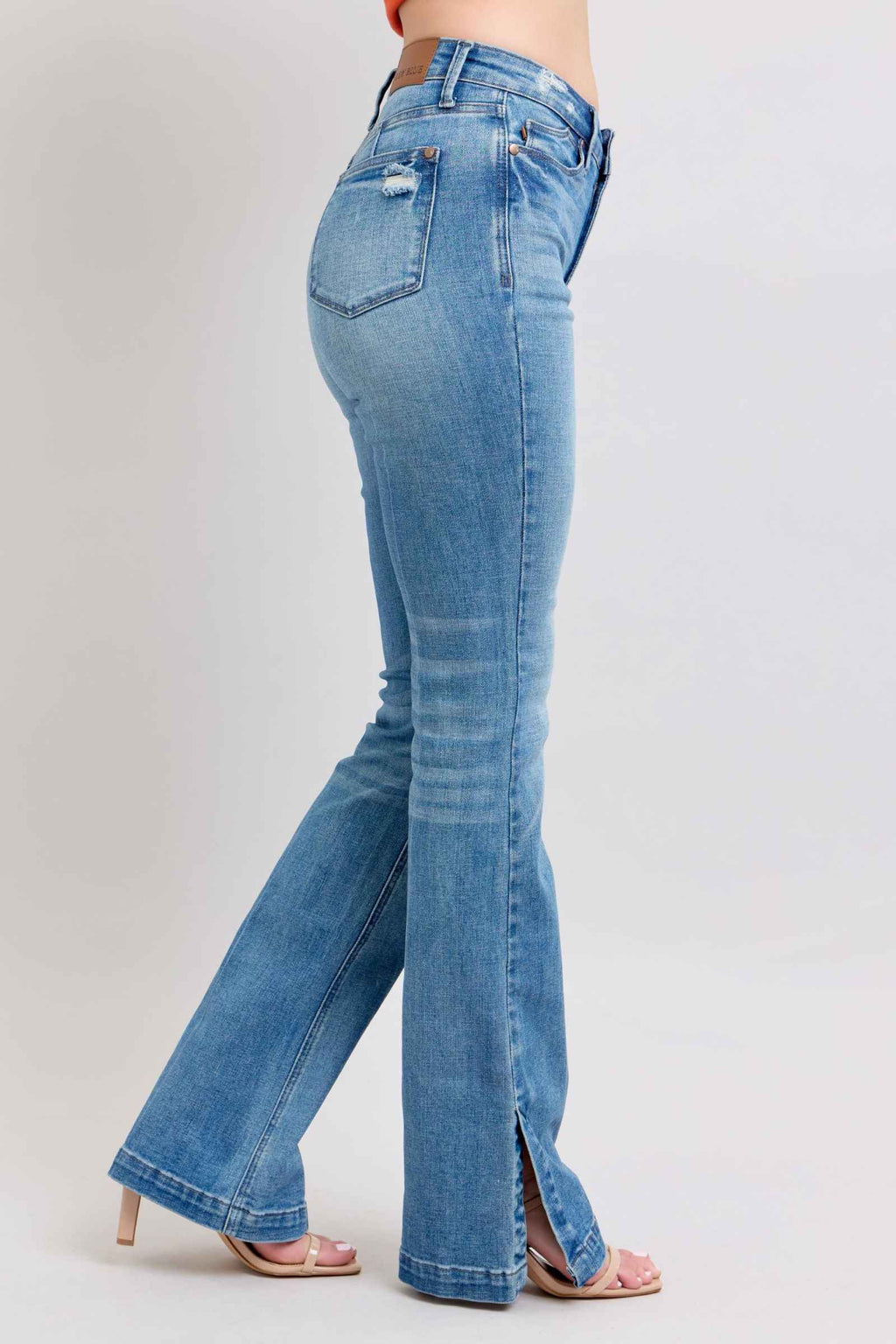 Judy Blue Tummy Control Bootcut Jeans with Vintage Wash and Side Slit Women's Jeans
