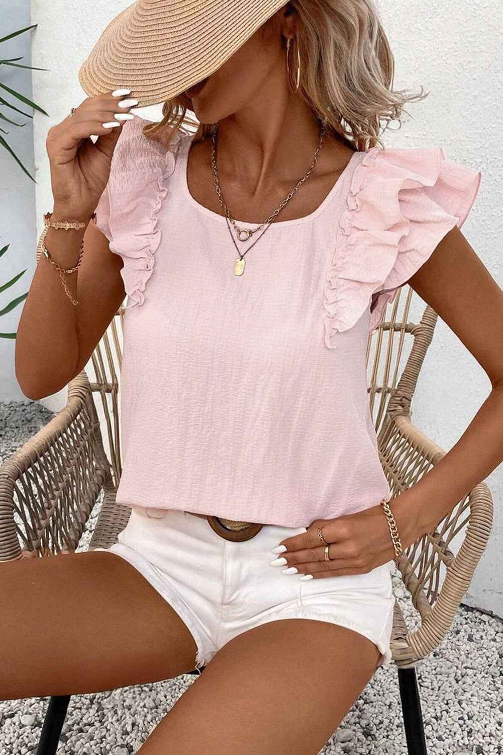Gossamer Pink Ruffle Sleeve Blouse with Textured Bow Frills and Ruffles