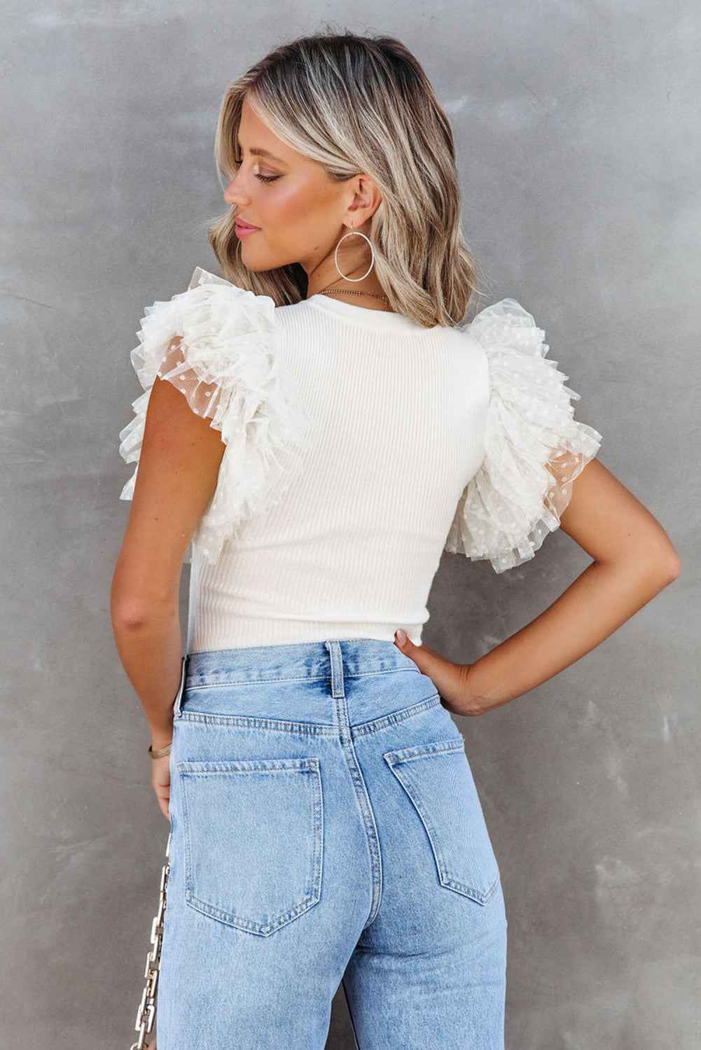 Pink Ruffle Knit Blouse - Casual Dotty Layered Ruffle Ribbed Knit Women's Top
