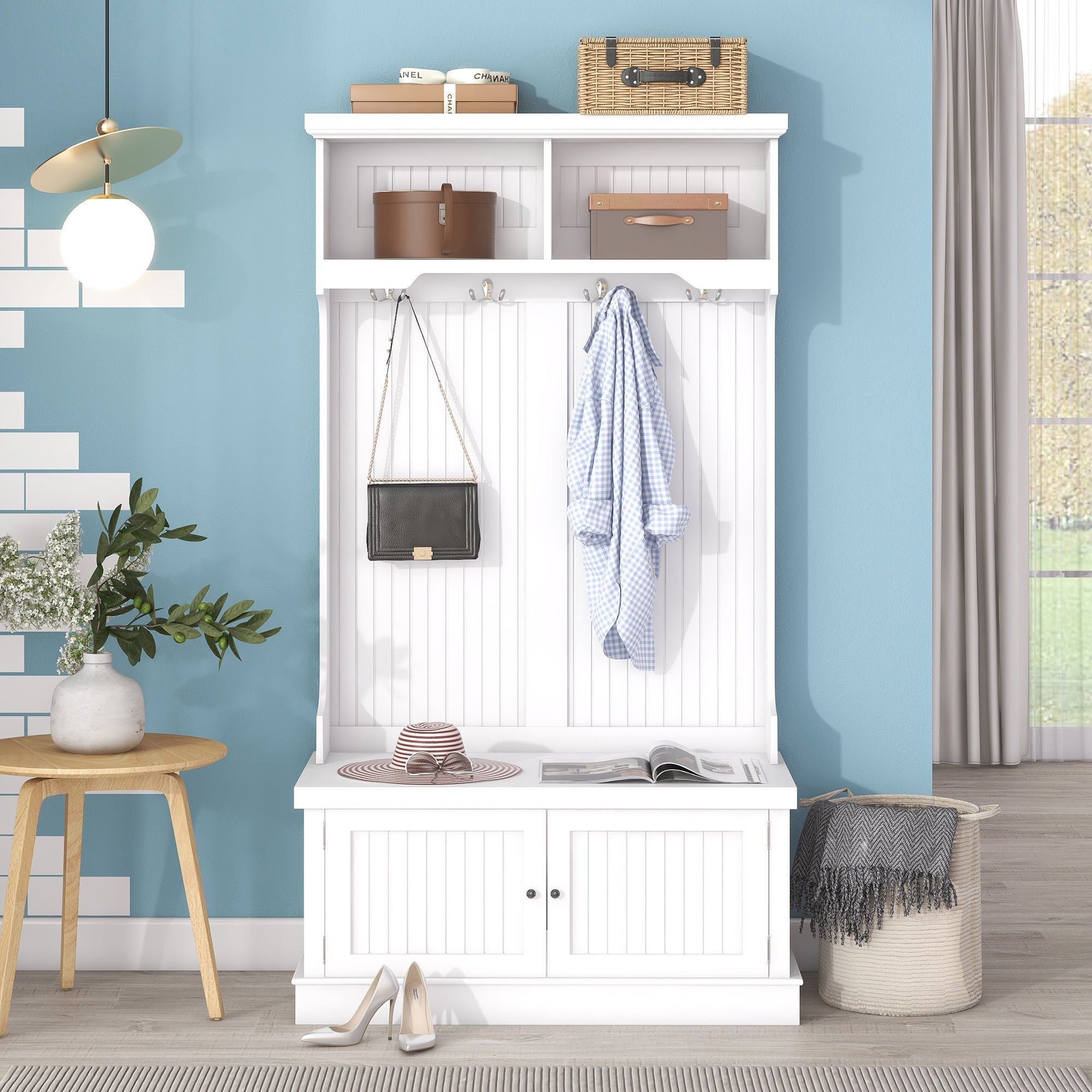 Hall Tree with Storage Shoe Bench for Entryway and Hallway 4-in-1 Design Coat Racks with 4 Hooks for Living Room White