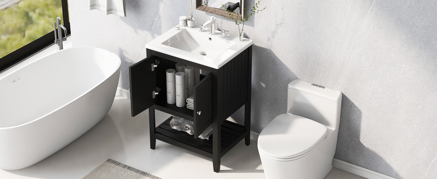 24" Black Modern Sleek Bathroom Vanity Elegant Ceramic Sink with Solid Wood Frame Open Style Shelf