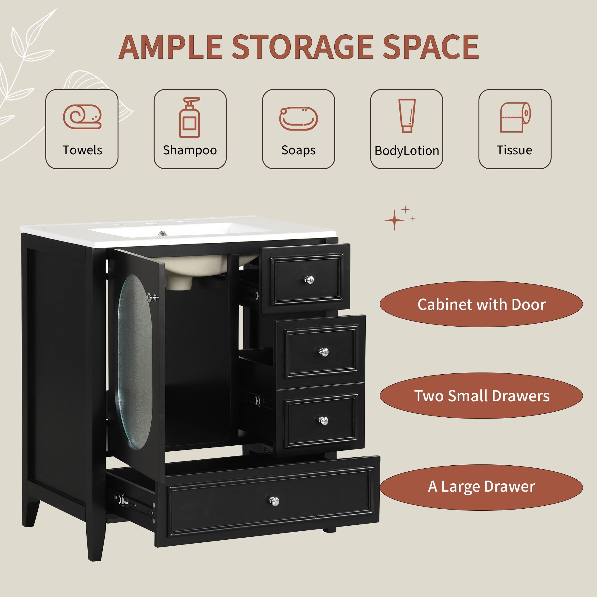 30" Bathroom Vanity with Sink, Bathroom Vanity Cabinet with Three Drawers and Door, Solid Wood and MDF, Black