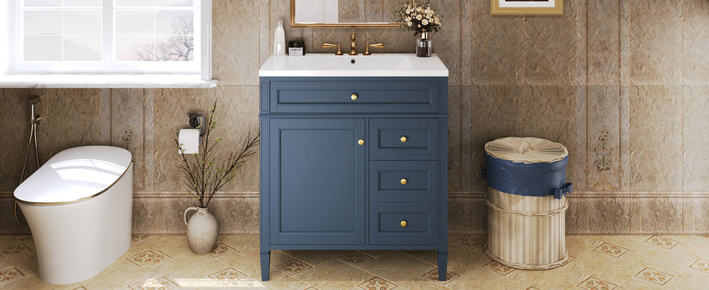 30 inch bathroom vanity with top sink, storage cabinet with 2 drawers and 1 drawer, single sink bathroom vanity