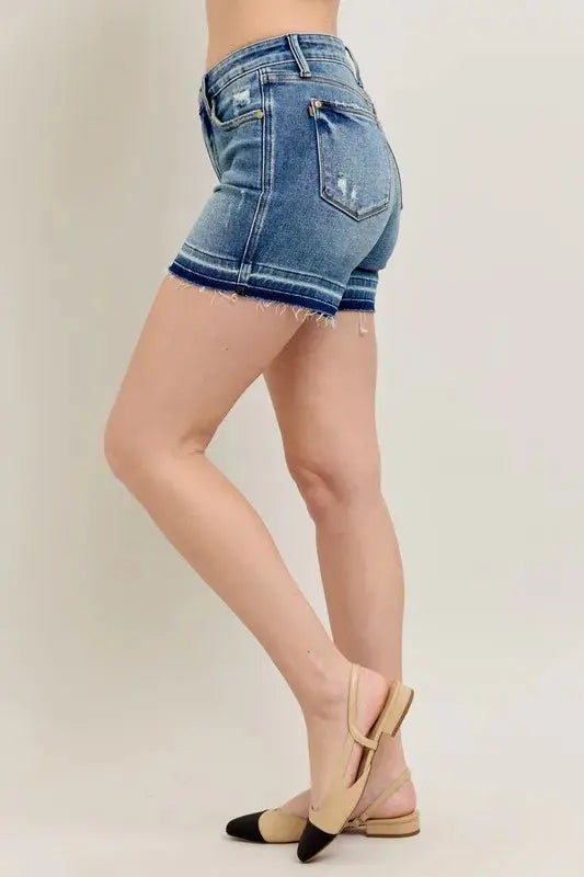 Judy Blue Jeans - Full Size Mr Tummy Control Vintage Wash Release Hem Shorts