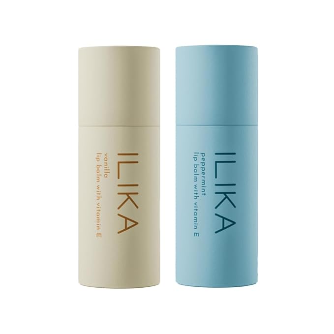 ILIKA Lip balm Organic, Vegan, Plastic-free, 100% Plant-based, 2X Volume, COSMOS Certified Organic, PETA Certified Vegan & Cruelty-Free 2 Pack, Vanilla & Peppermint