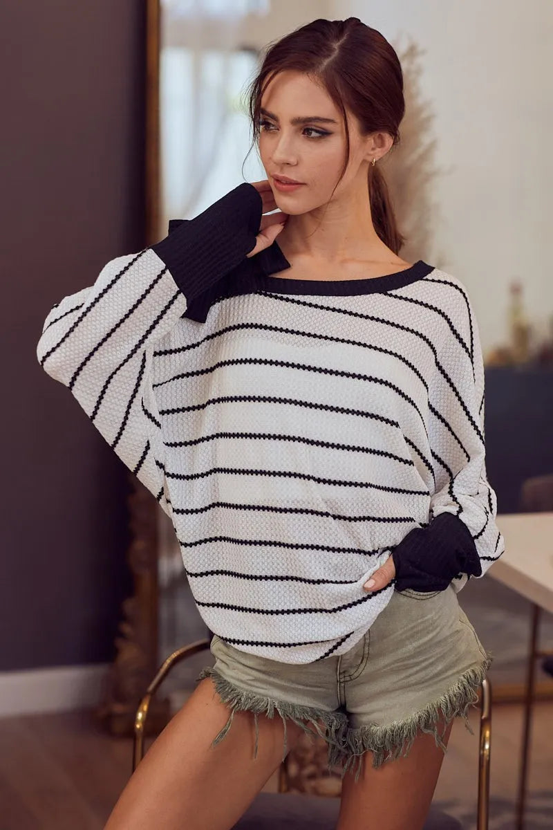 BiBi Stripe Yarn Dye Waffle One Shoulder Women's Top with Ribbon Detail