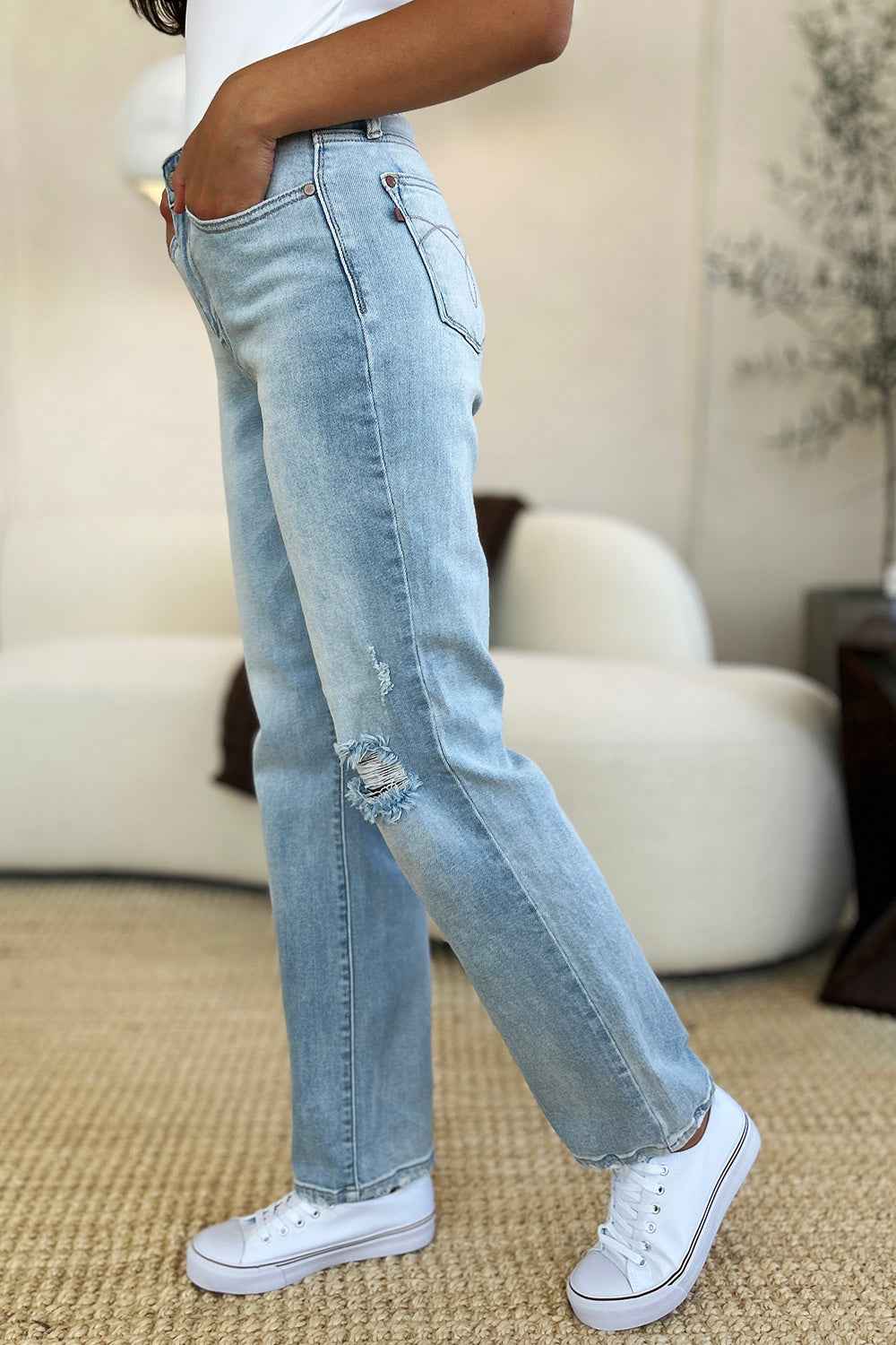 Judy Blue High Waist Distressed Jeans - Women's Jeans Full Size Straight Denim