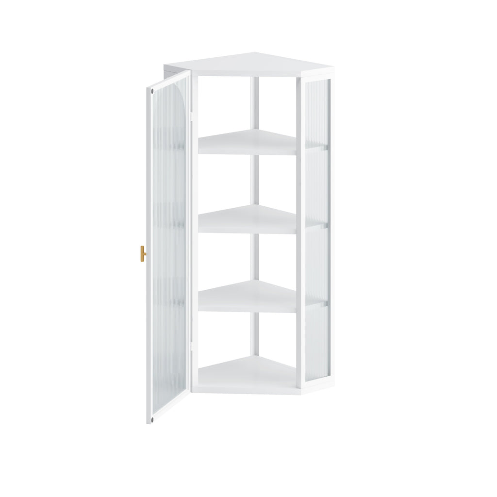 Glass Door Wall Mounted Corner Cabinet with Featuring Four-tier Storage  White