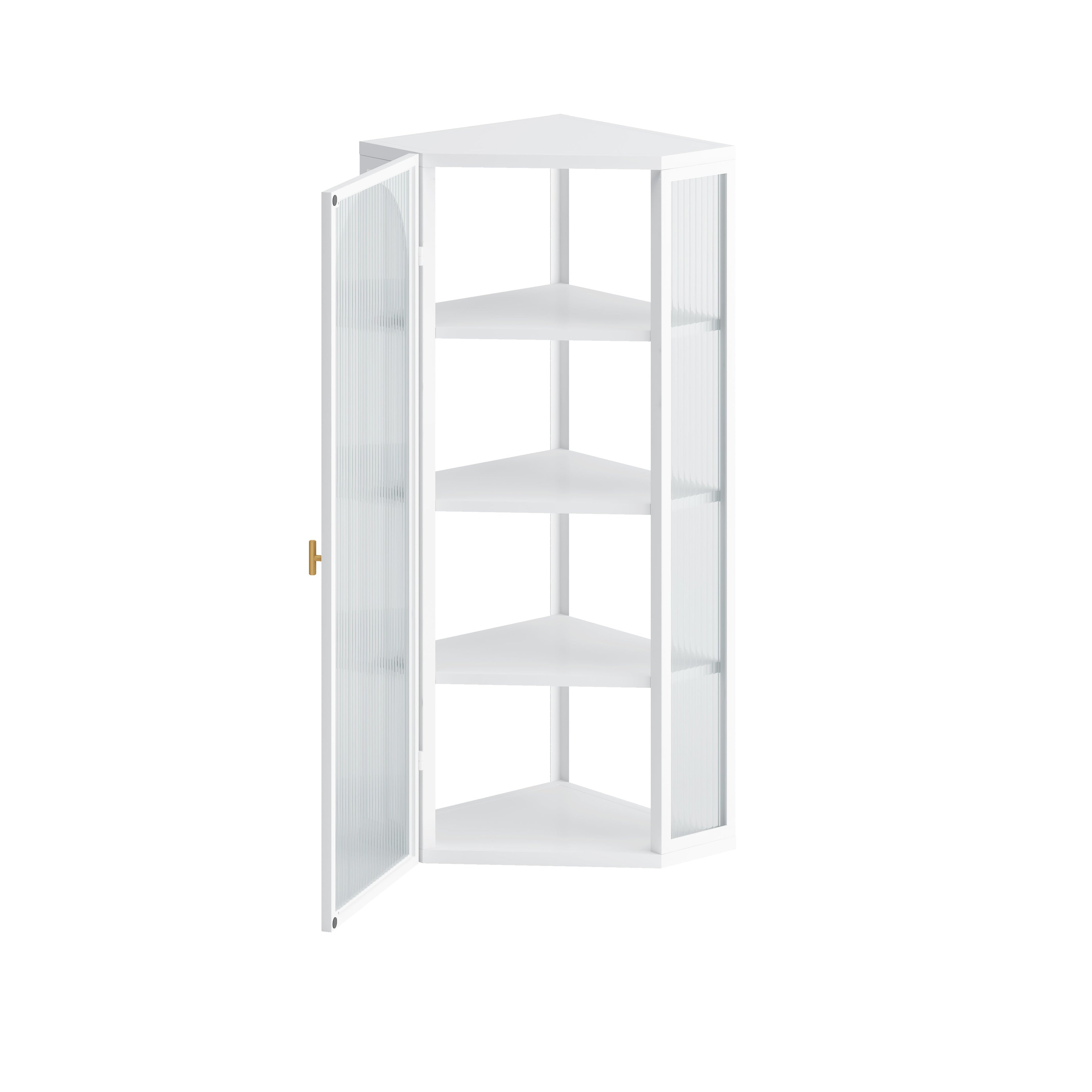 Glass Door Wall Mounted Corner Cabinet with Featuring Four-tier Storage  White