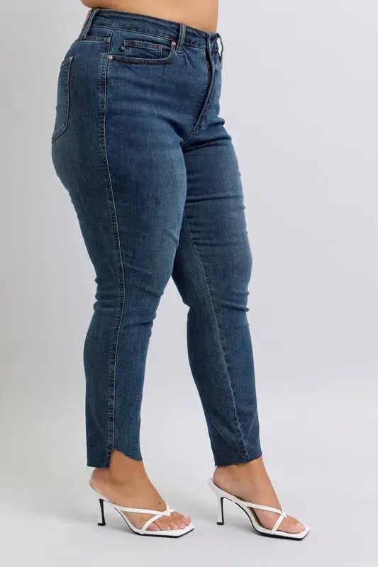 Full Size High Waist Tummy Control Step Hem Skinny Judy Blue Jeans