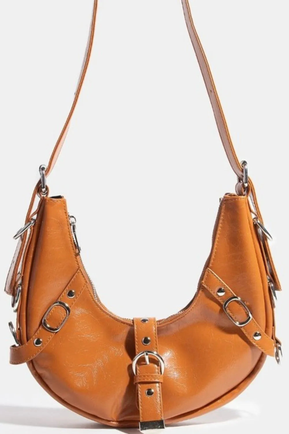 Fame Crescent Moon Leather Shoulder Bag With Belt Straps