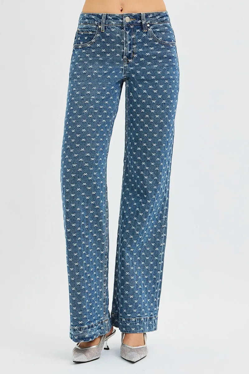 Risen High Rise Wide Leg Bow Embroidered Jeans For Women