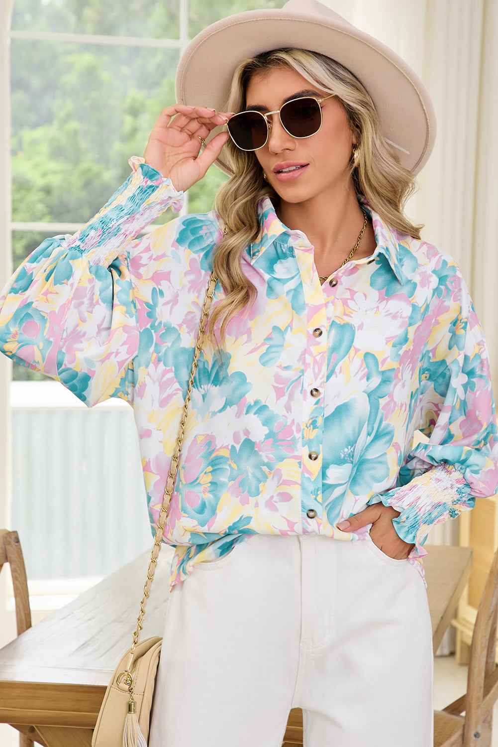 Yellow Floral Oversized Shirt with Shirred Cuffs - Women's Blouse