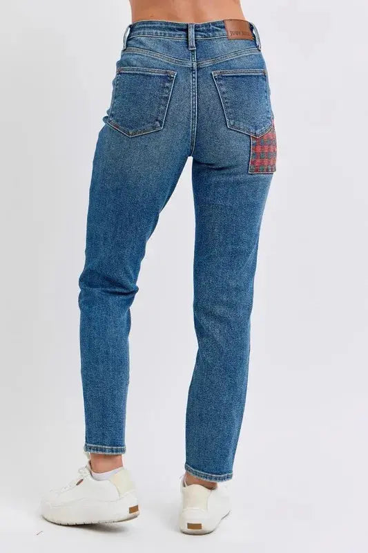 Plus Size High Waist Plaid Patch Slim Fit Judy Blue Jeans