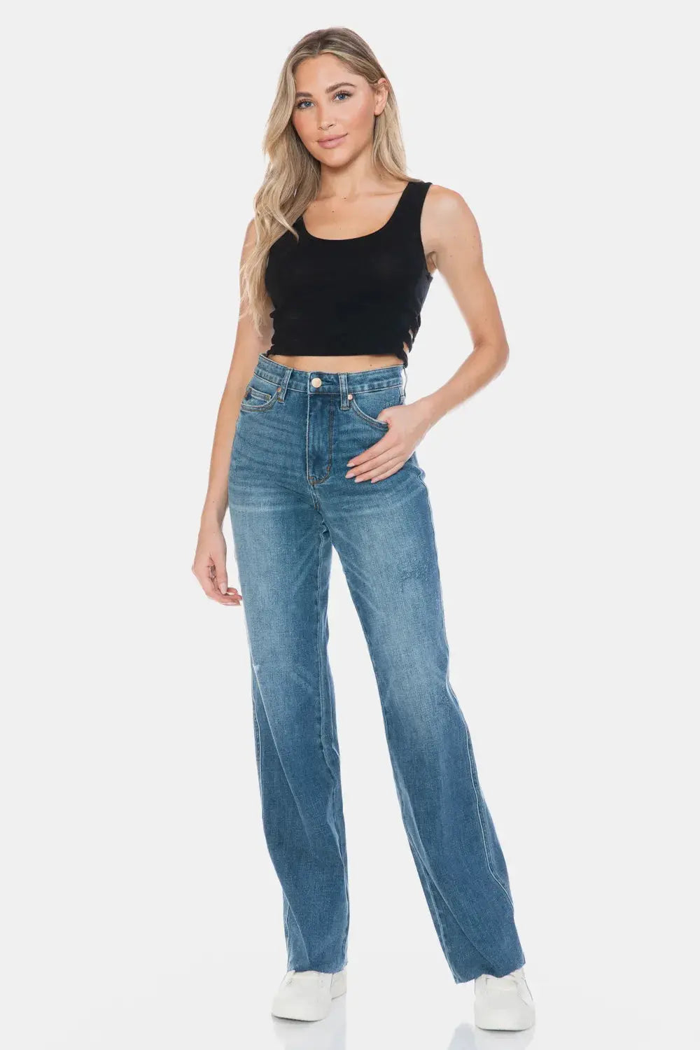 Full Size/Plus Size Tummy Control Cut Raw Hem Straight Judy Blue Jeans