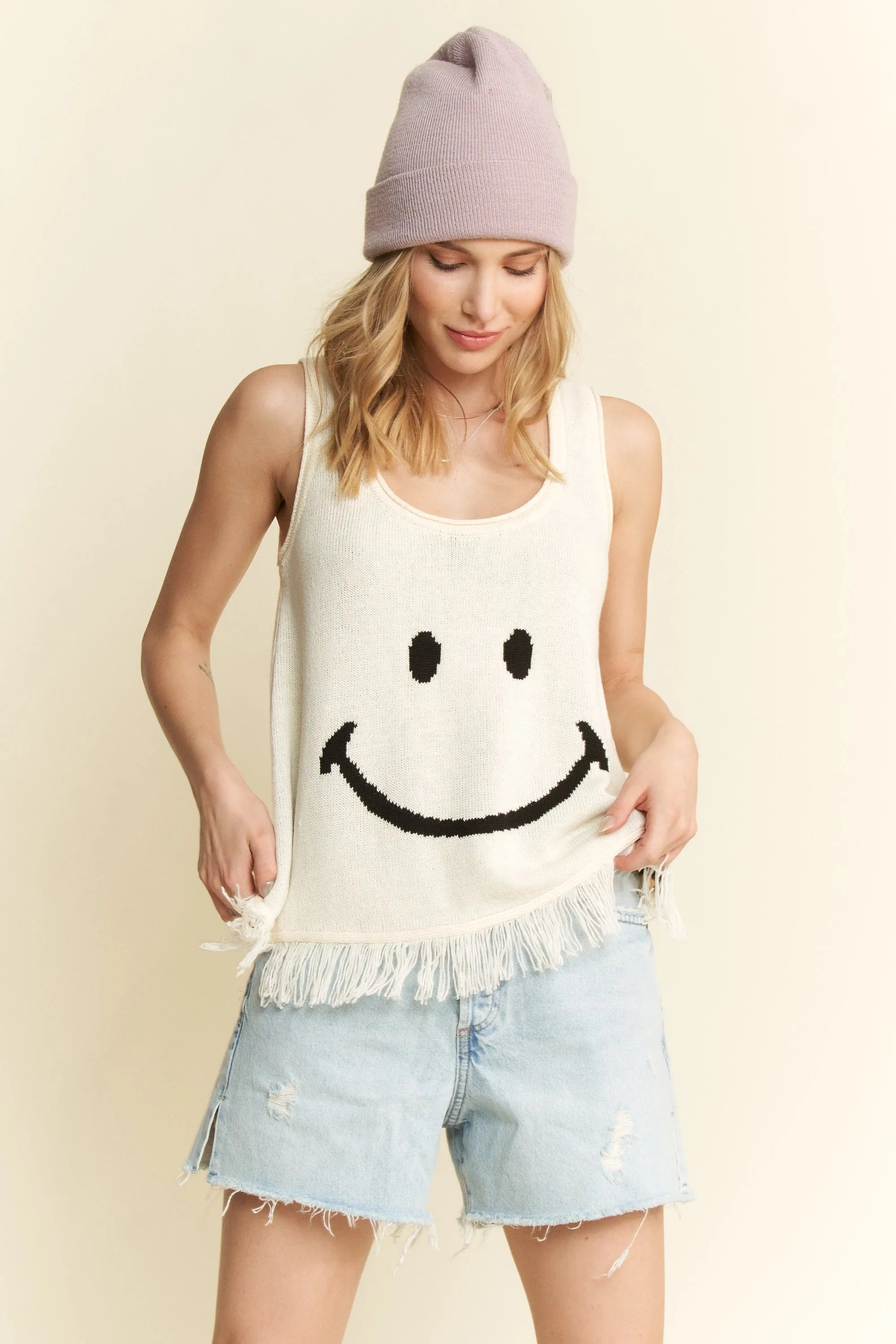 Smiley Face Fringe Graphic Tank Top – Plus Size Friendly