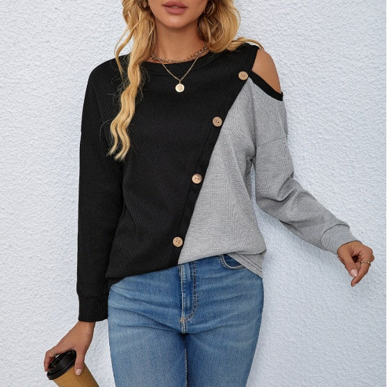 Women's Knitted Long Sleeve Top - Patchwork Versatile Long Sleeve Knitted Women's Top