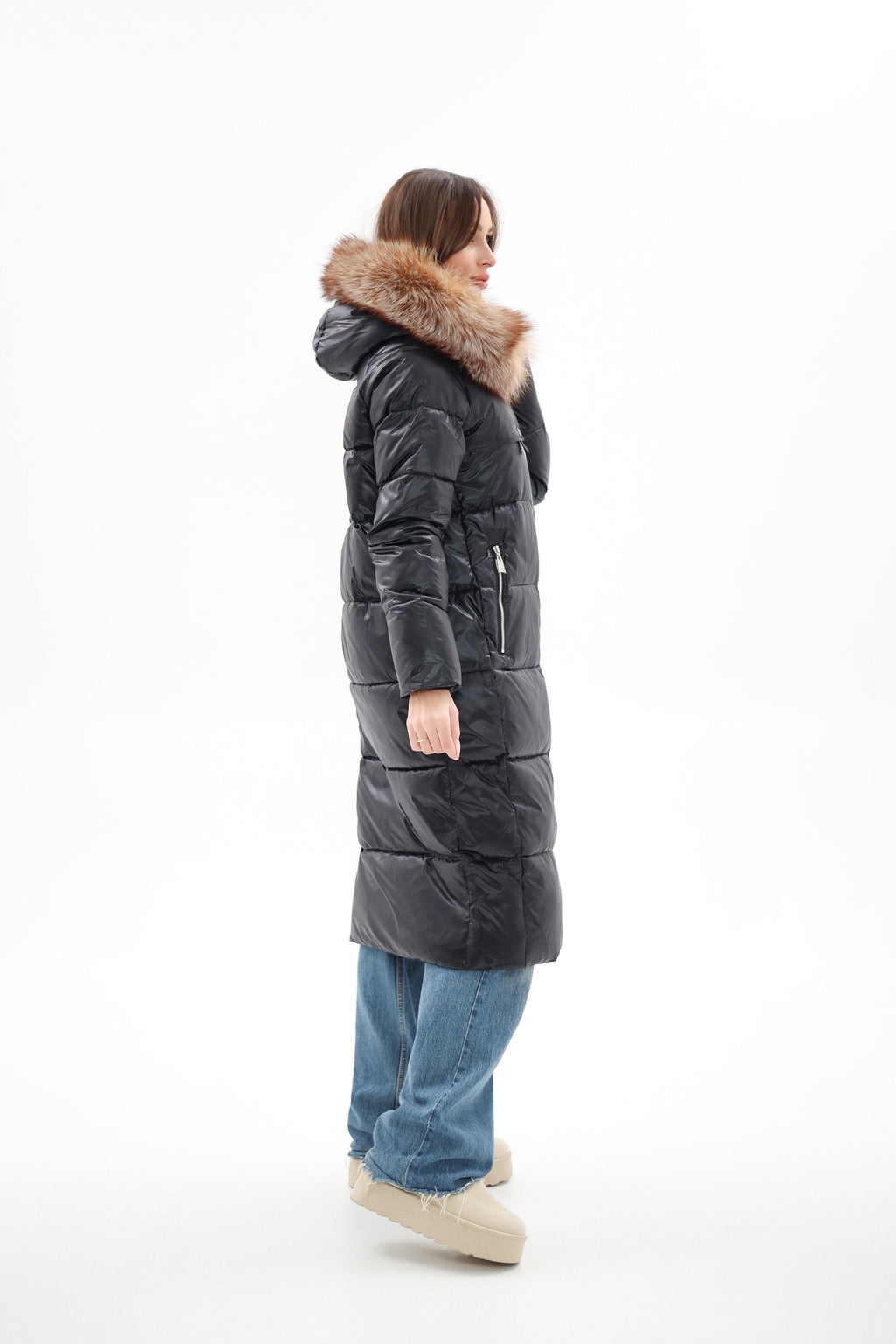 Genuine Silver Fox Fur Alternative Down Fill Coat