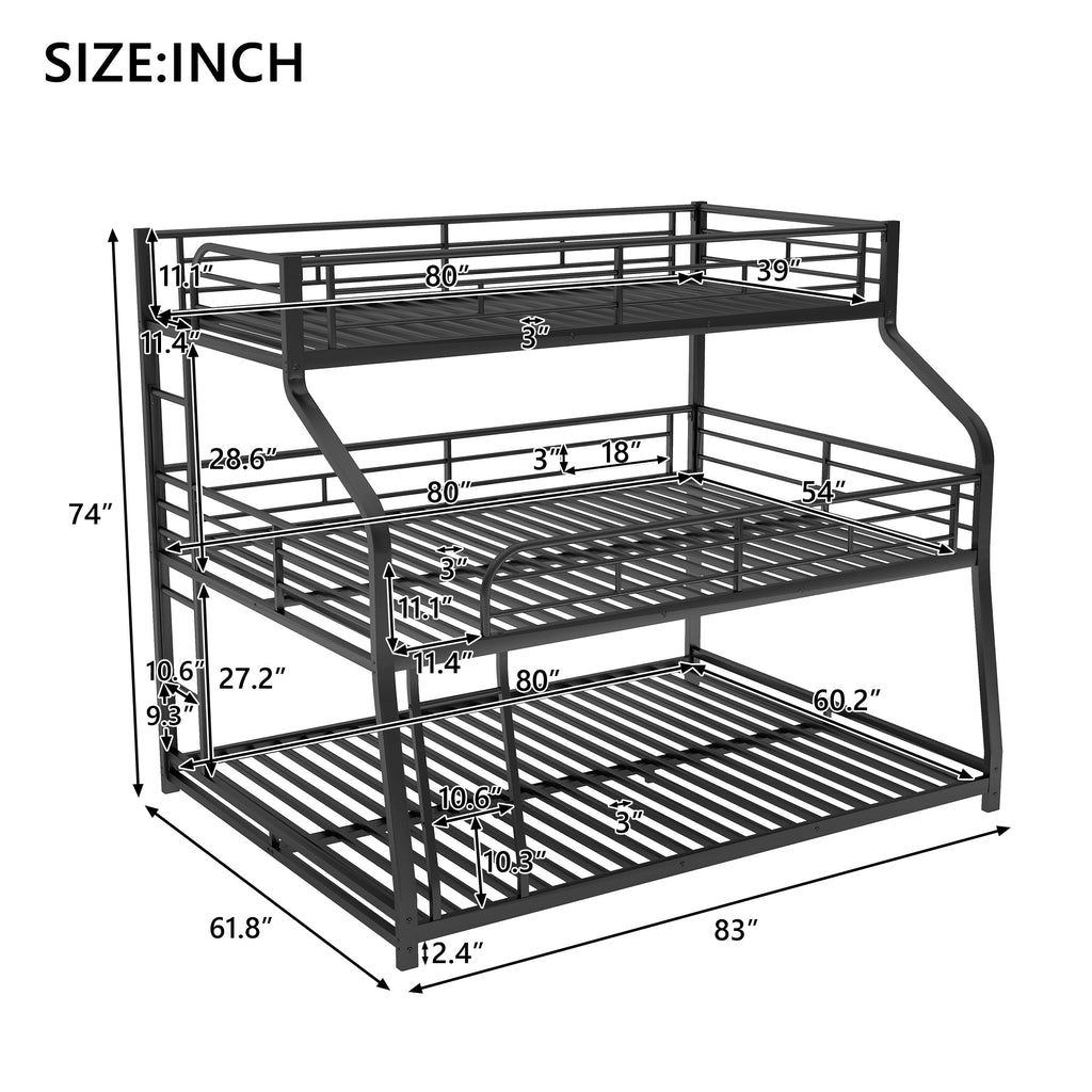 Twin XL/Full XL/Queen Triple Bunk Bed with Long and Short Ladder and Full-Length Guardrails Black