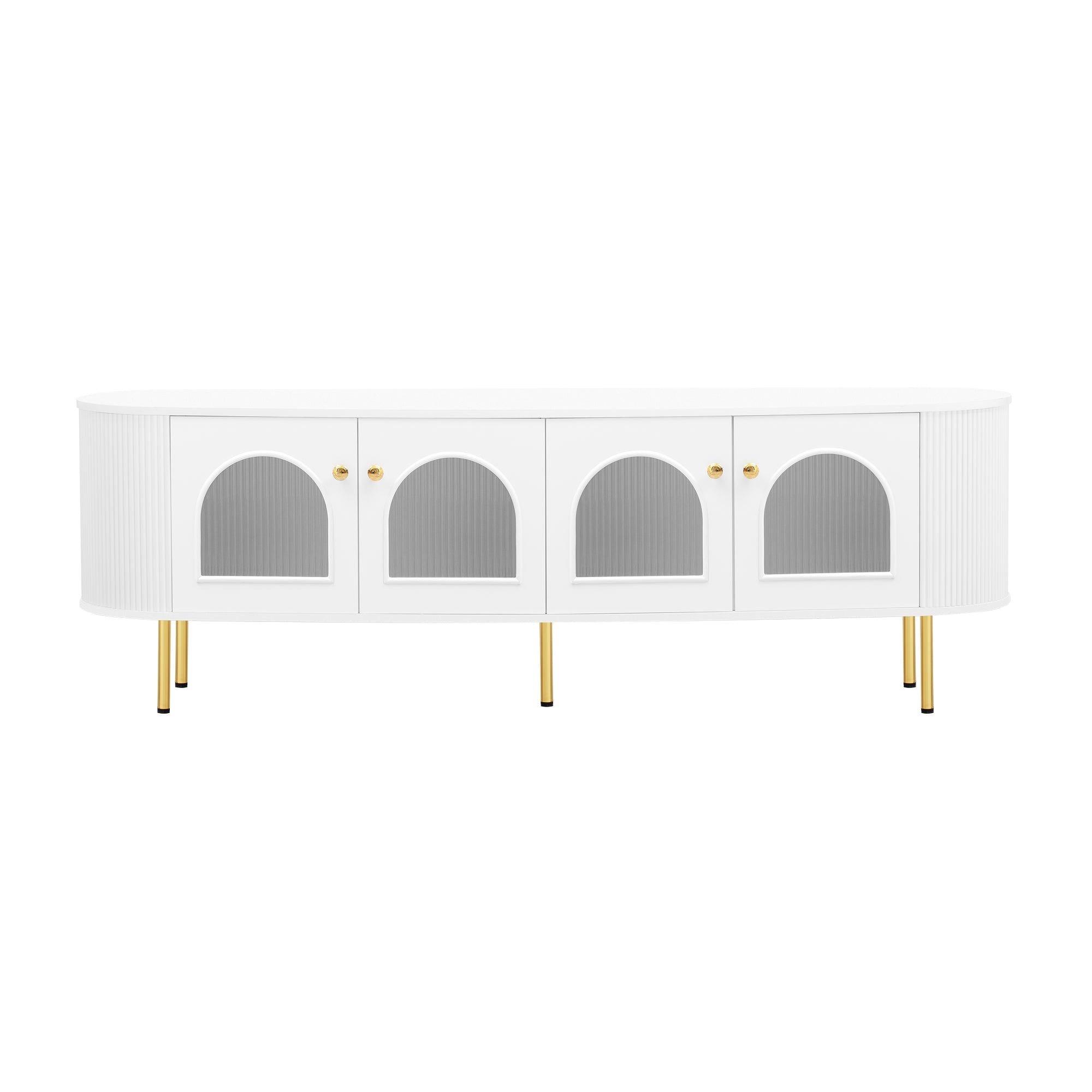 U-Can Modern TV Stand for TVs up to 80 Inches, Entertainment Center with 4 Cabinets, Wood with Metal Legs and Handles White