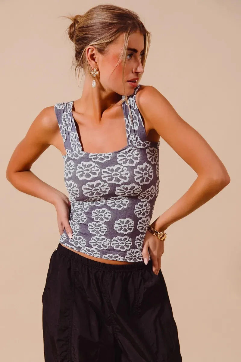 SO ME Charcoal Blue Two Tone Floral Seamless Tank Top