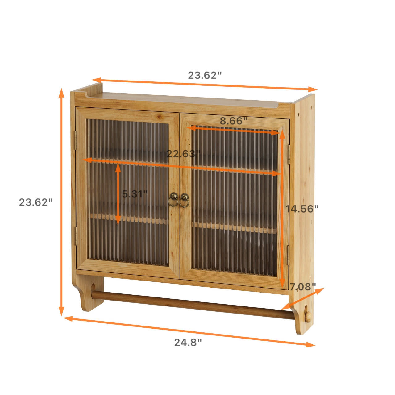 24.8 '' Glass door retro double door wall cabinet with three levels of storage space with towel rack, original wood color