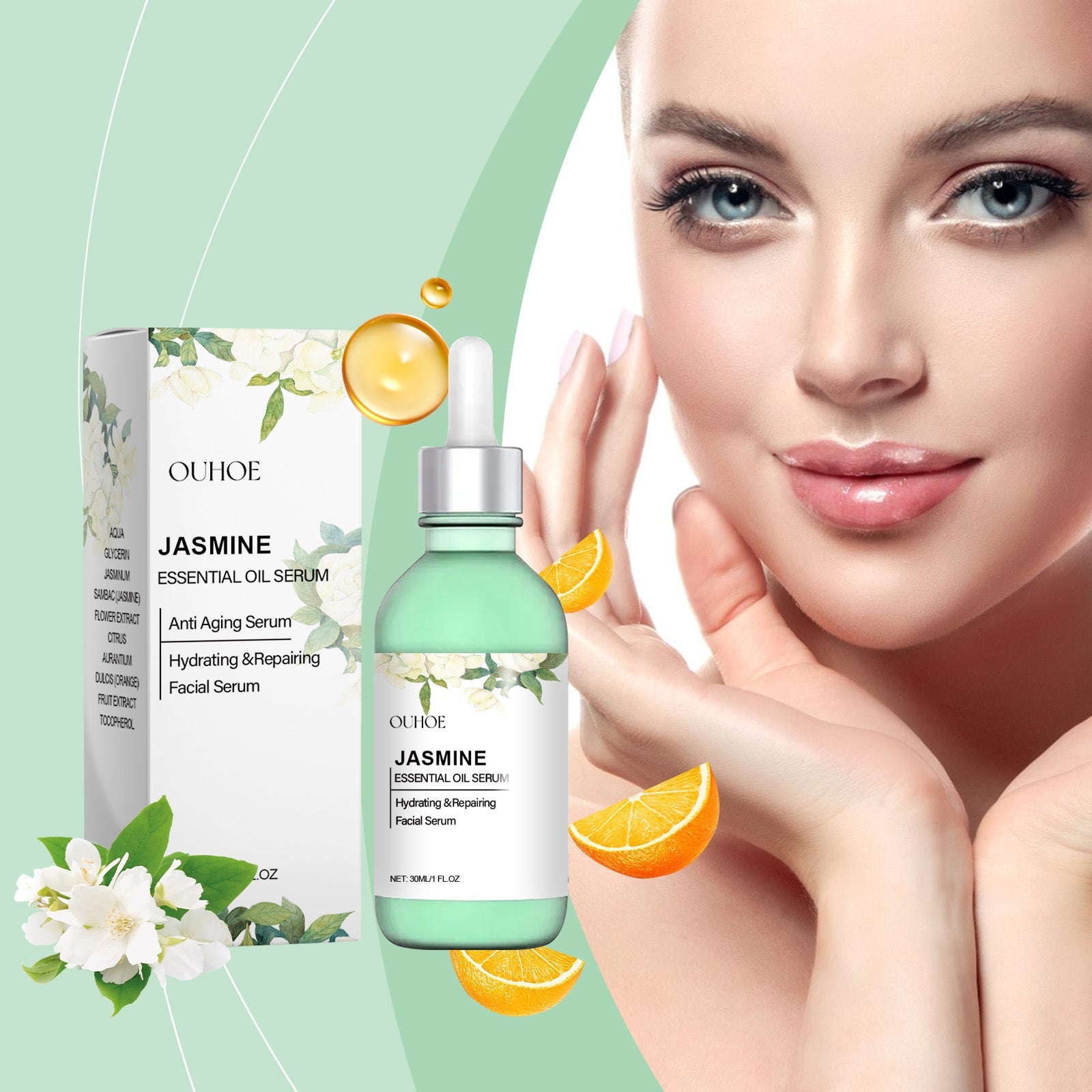 Ouhoe Jasmine Brightening Essential Oil, Lighten Fine Lines And Anti-Wrinkle Essential Oil Refreshing Non-Sticky Firming Brightening Essence