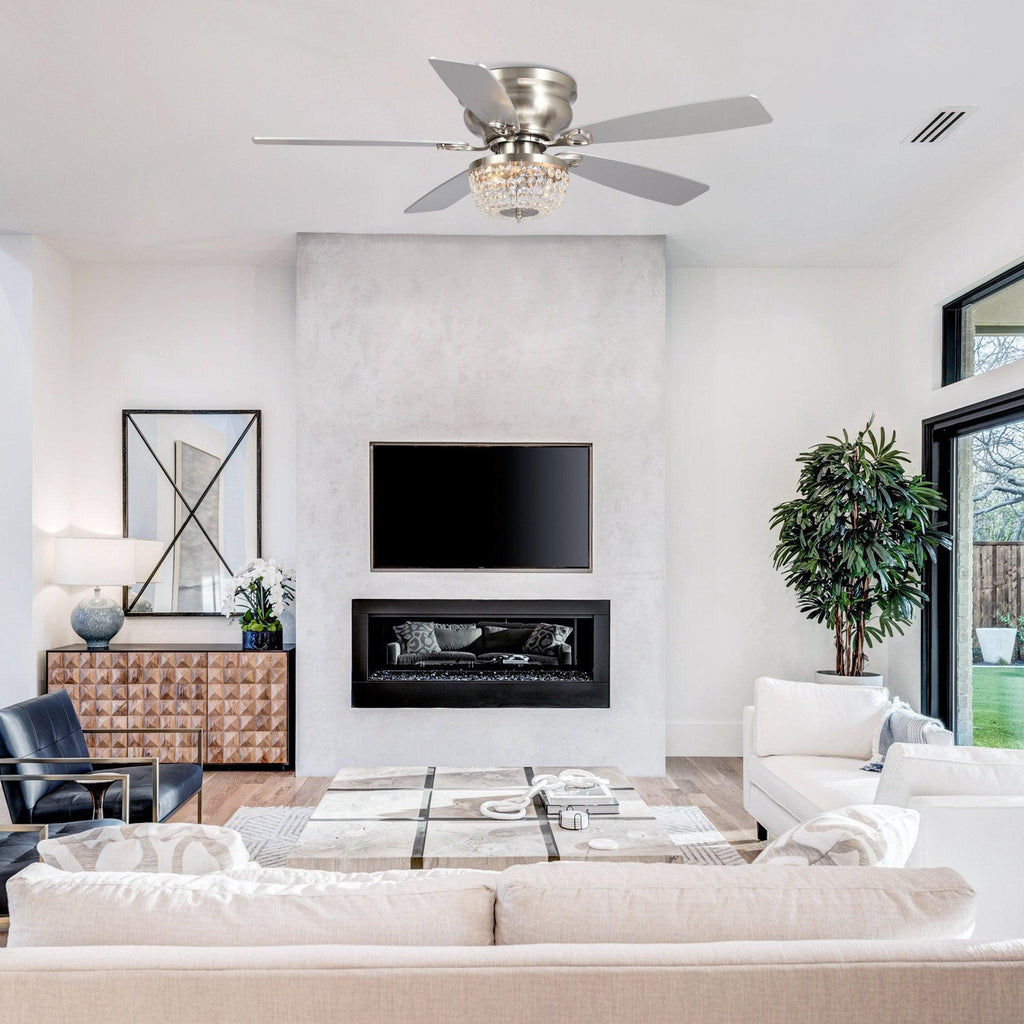 48" Modern Flush Mount Reversible Crytsal Ceiling Fan with Lighting and Remote Control
