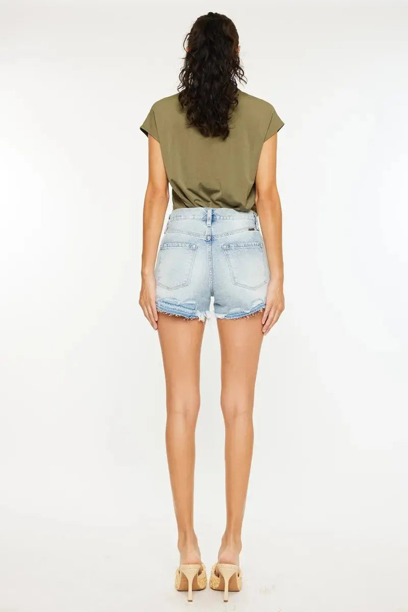High Rise Raw Hem Kancan Denim Shorts - Light Wash