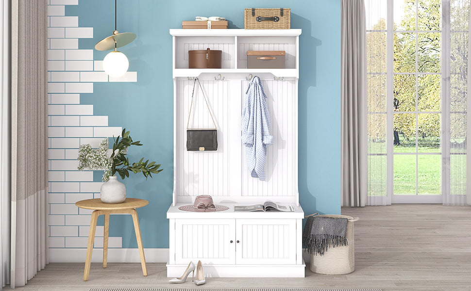 Hall Tree with Storage Shoe Bench for Entryway and Hallway 4-in-1 Design Coat Racks with 4 Hooks for Living Room White