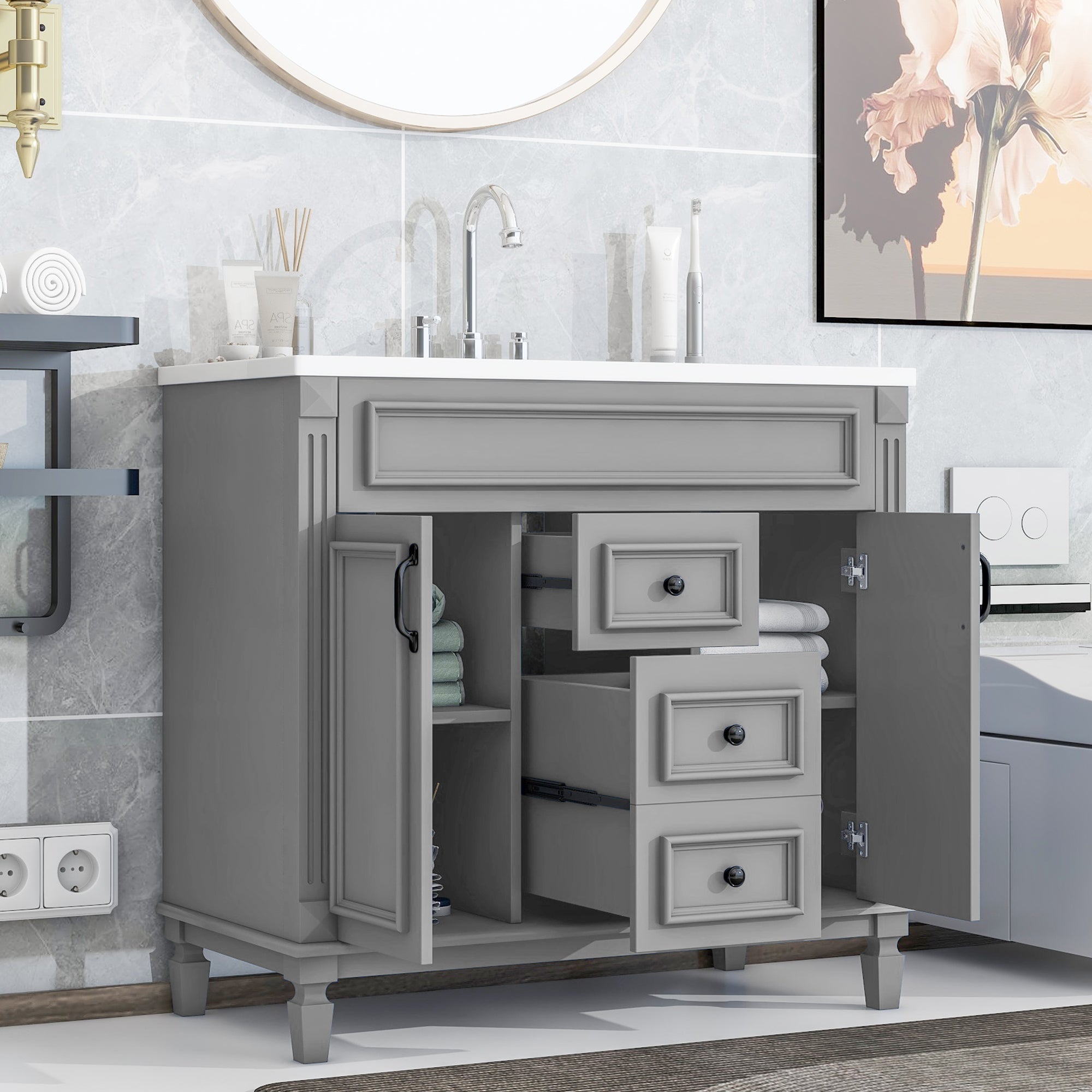36'' Bathroom Vanity with Top Sink, Modern Bathroom Storage Cabinet with 2 Soft Closing Doors and 2 Drawers, Single Sink Bathroo