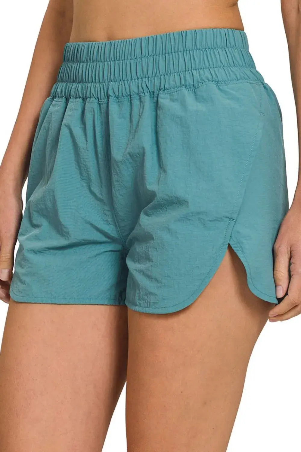 Zenana Teal Windbreaker Smocked Waistband Running Shorts for Women