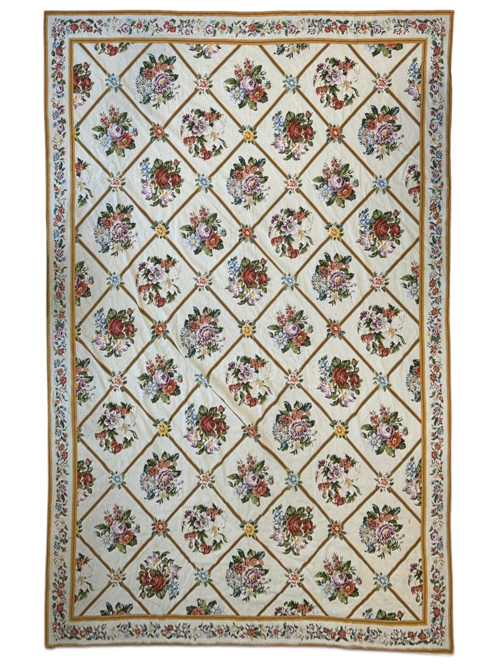 Handmade Needlepoint Floral Wool Rug – 9' 7" x 13' 5" – Vintage European Tapestry Style